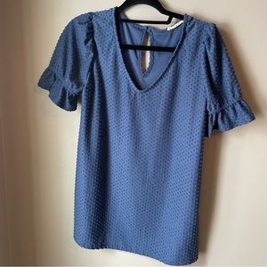 PinkBlush Maternity Blue Swiss Dot Ruffle Short Sleeve Top